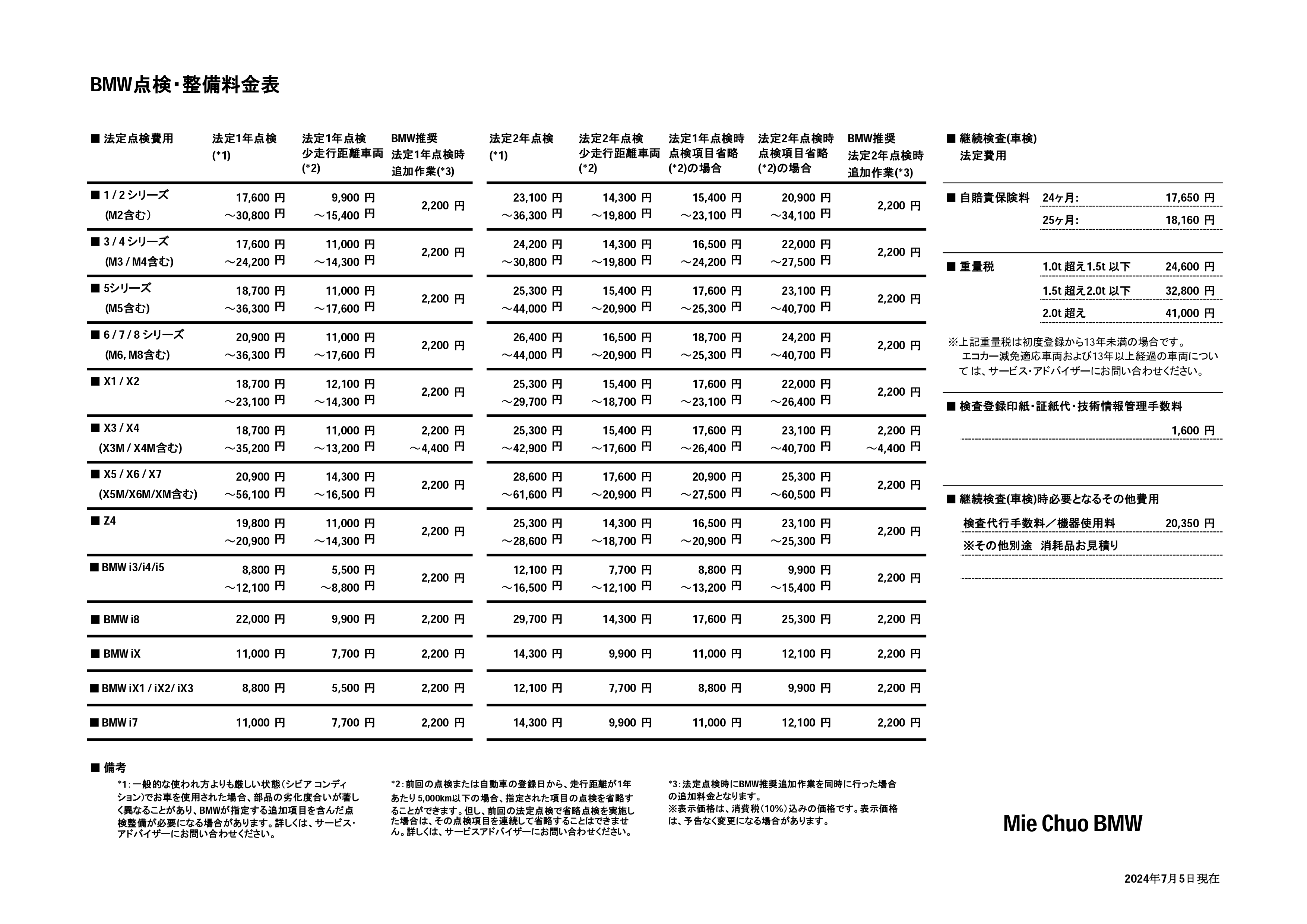 点検整備料金表